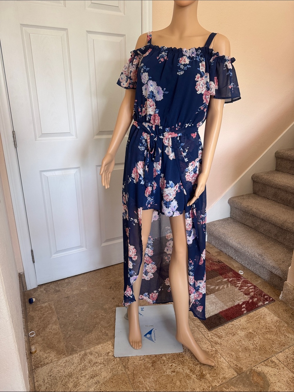 Party Off Shoulder Dress Navy Floral Maxi Split Romper Tie Waist, Size L fits M.